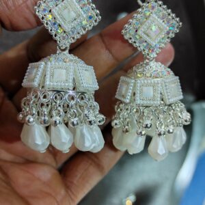 White Diamond-Cut-Mirror-Work Jhumka Earrings
