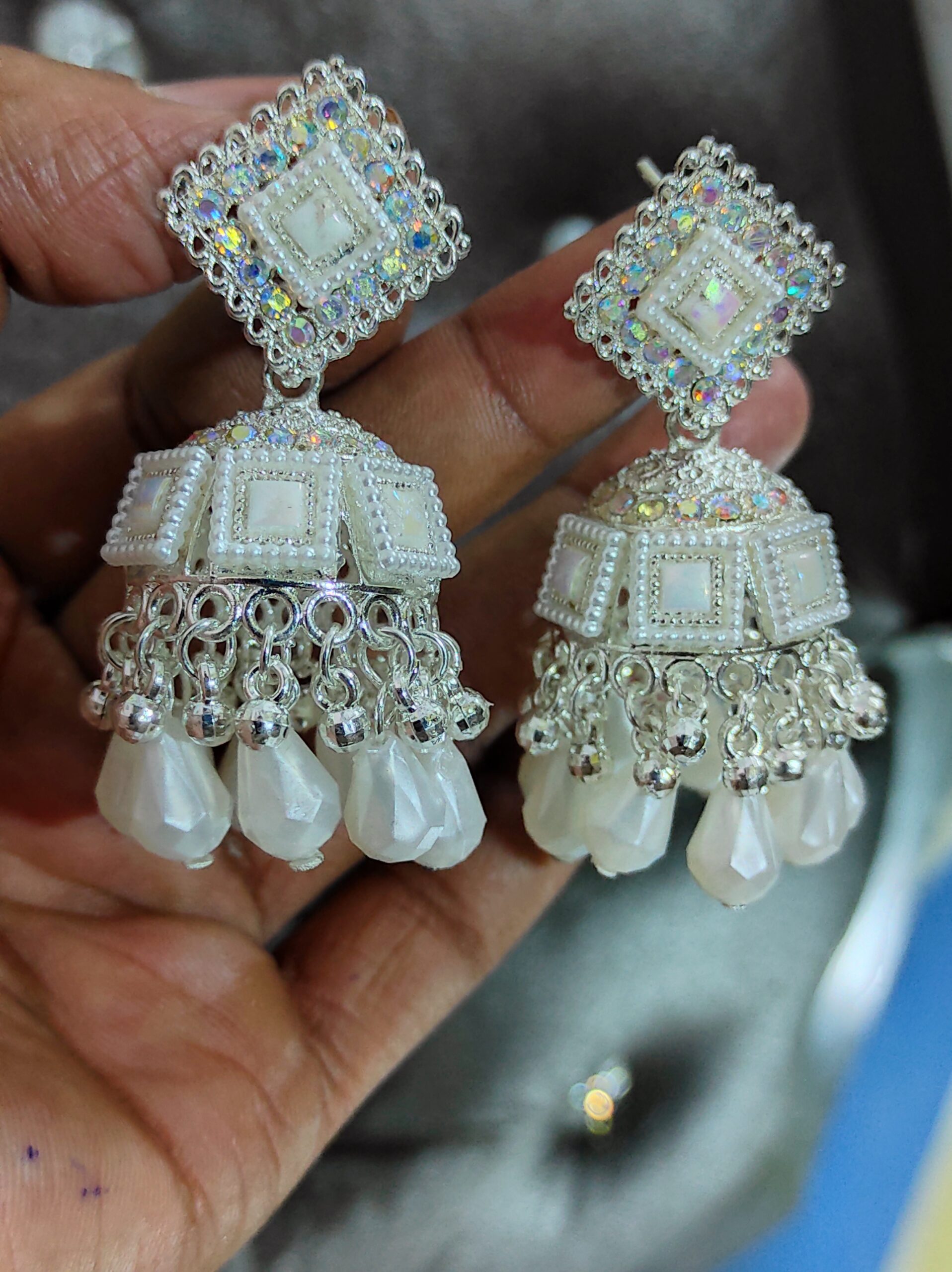 White Diamond-Cut-Mirror-Work Jhumka Earrings