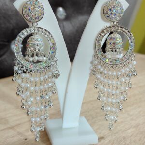 Elegant Long Hoop Jhumka Earrings with White Beads & Mirror Stone Work | Ethnic & Party Wear