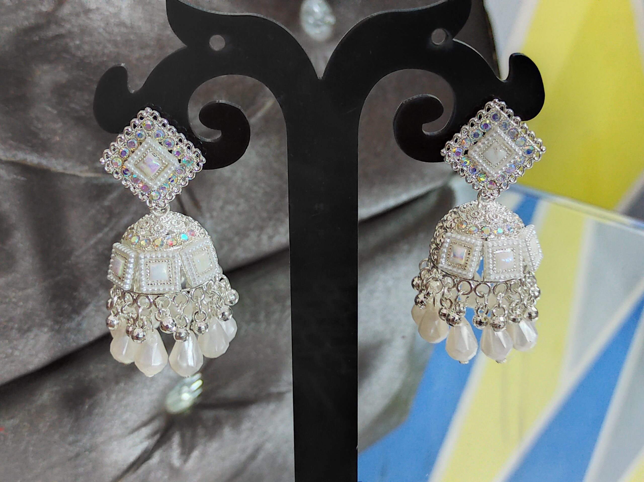 White Diamond-Cut-Mirror-Work Jhumka Earrings