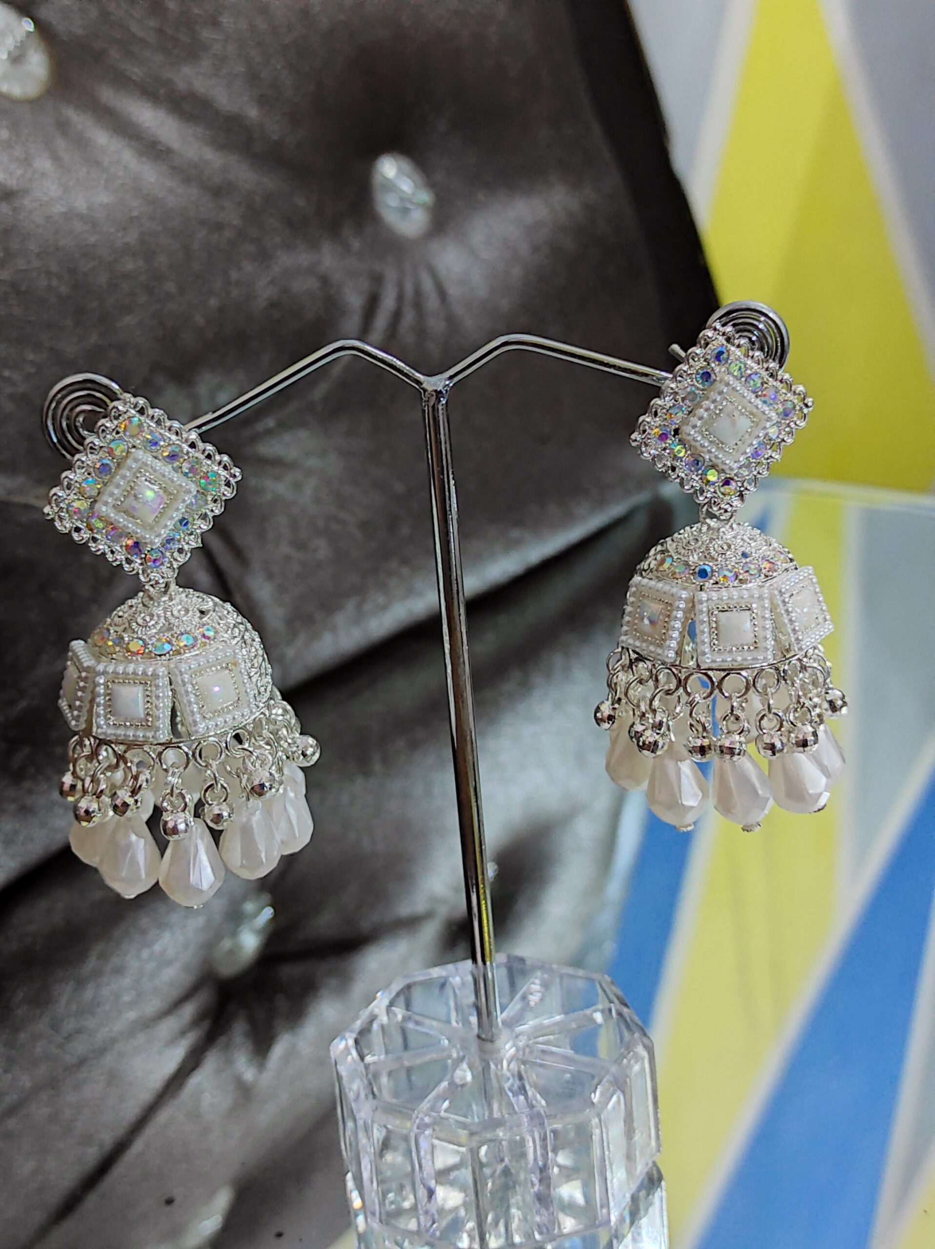 White Diamond-Cut-Mirror-Work Jhumka Earrings - Image 2