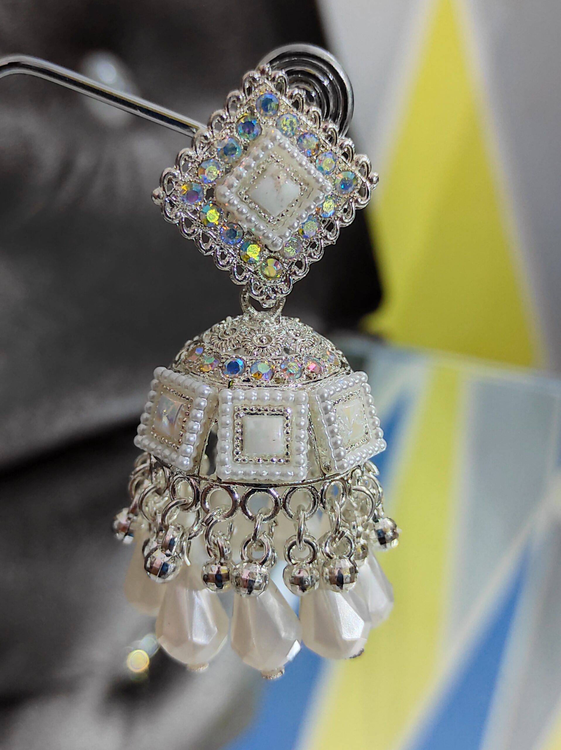 White Diamond-Cut-Mirror-Work Jhumka Earrings - Image 4