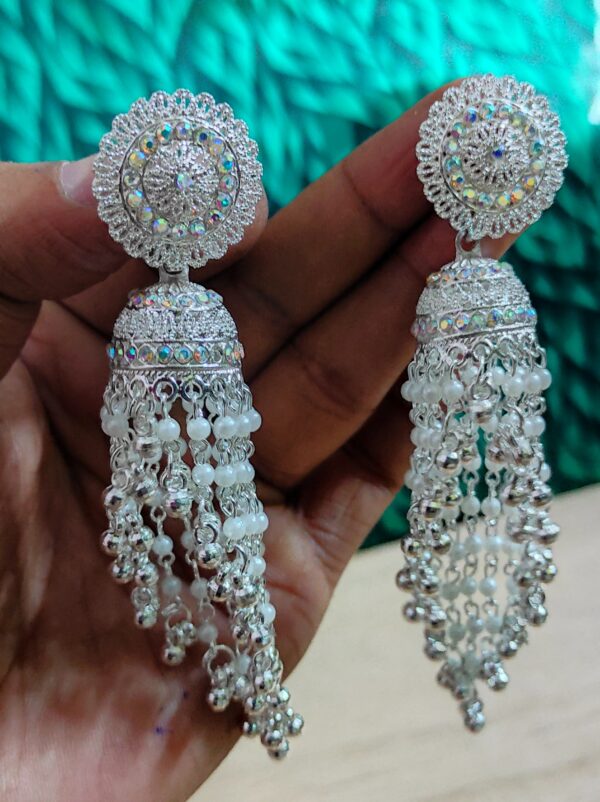 Silver Studded Jhumka Earrings - Image 3