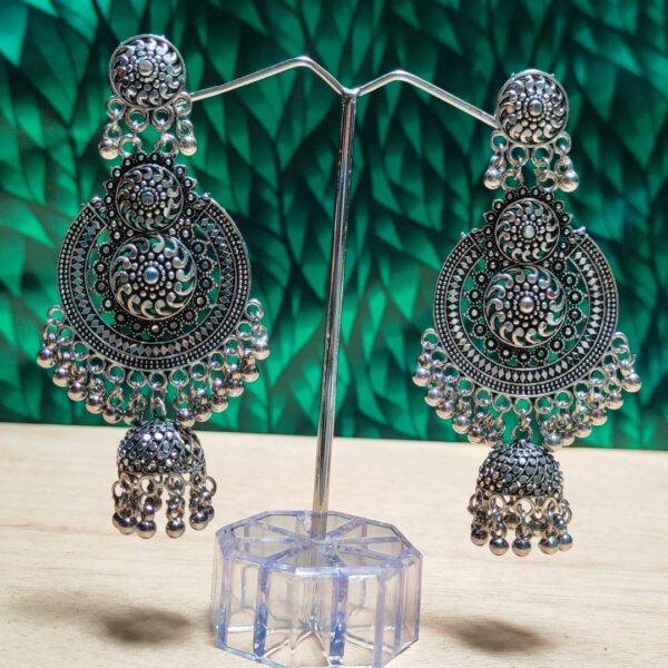 Oxidized Silver Jhumka Earrings - Image 2
