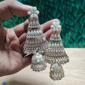 Stylish White-Kundan Jhumka Earrings
