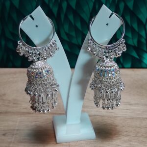 Tysi Fashion Silver Plated Round Hoop Jhumka Earrings with Mirror Stone & Hanging Ghungroo Design