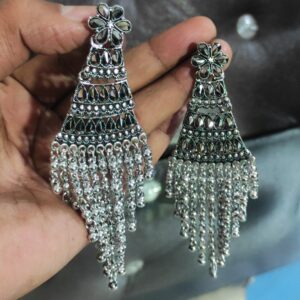 Silver Oxidised-Long-Chandelier Tassel Earrings