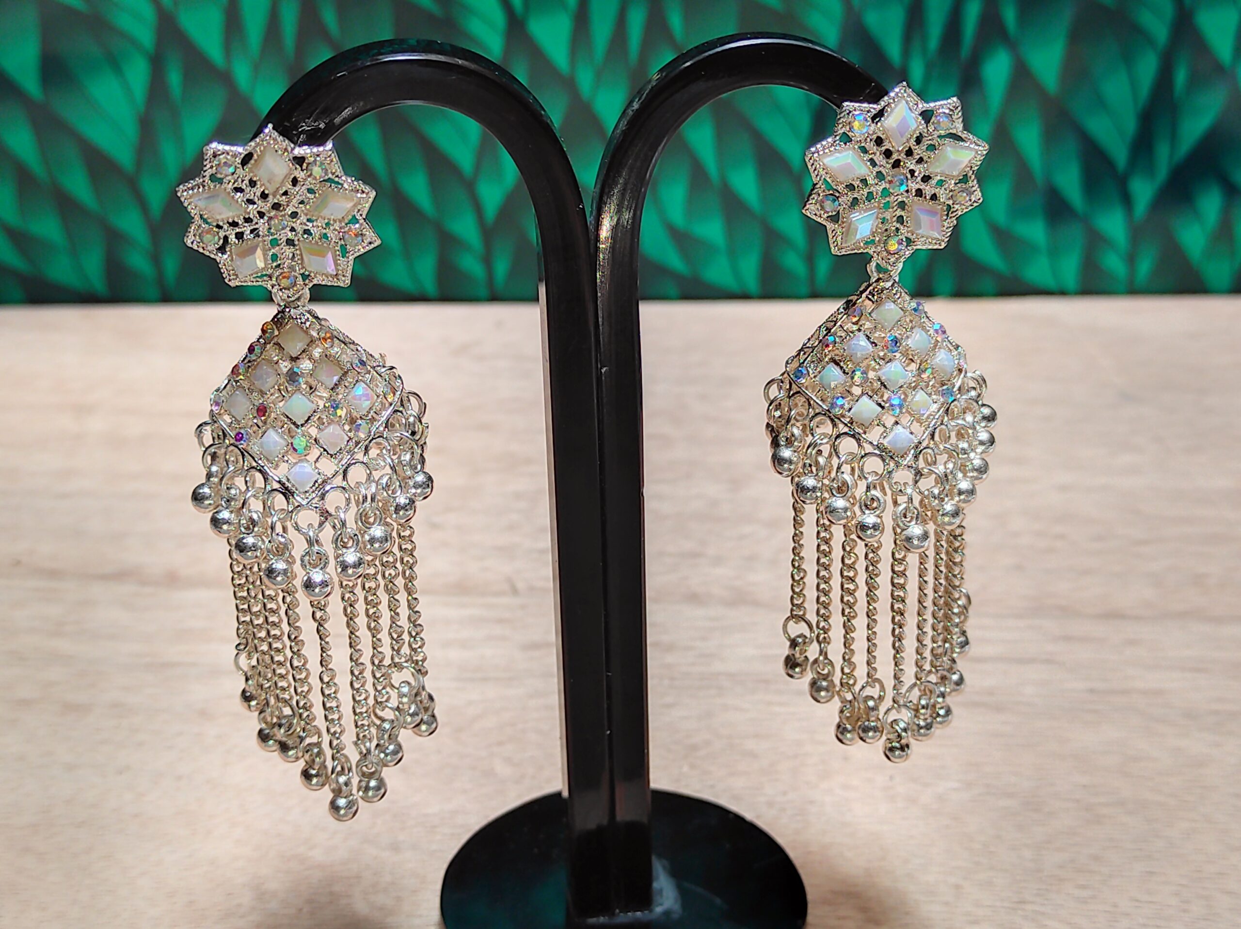 White Stone Hanging-Chain Earrings