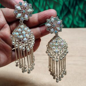 White Stone Hanging-Chain Earrings