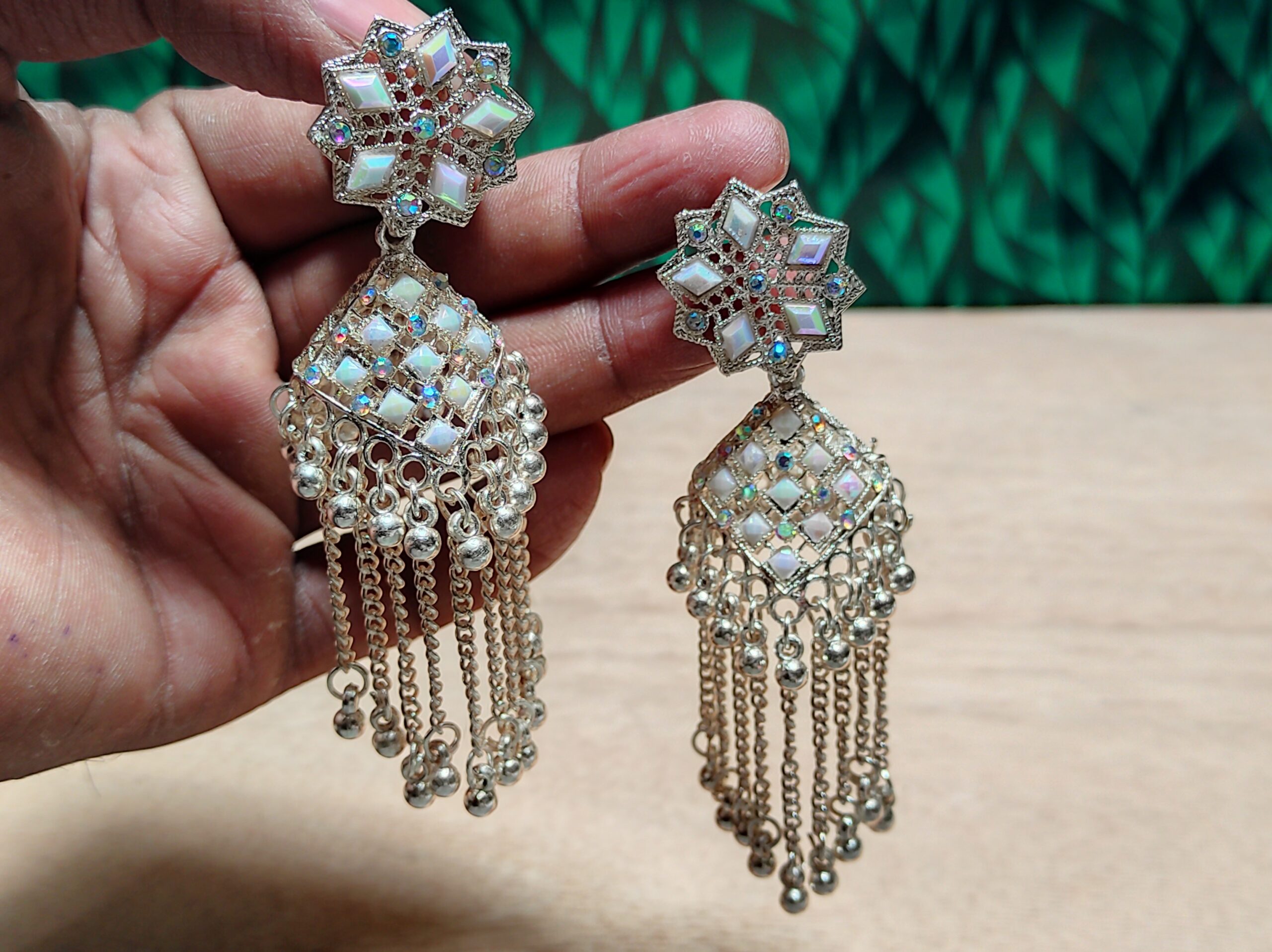 White Stone Hanging-Chain Earrings
