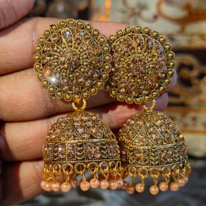 Antique Gold-Crystal-Embellished-Traditional Jhumka Earrings