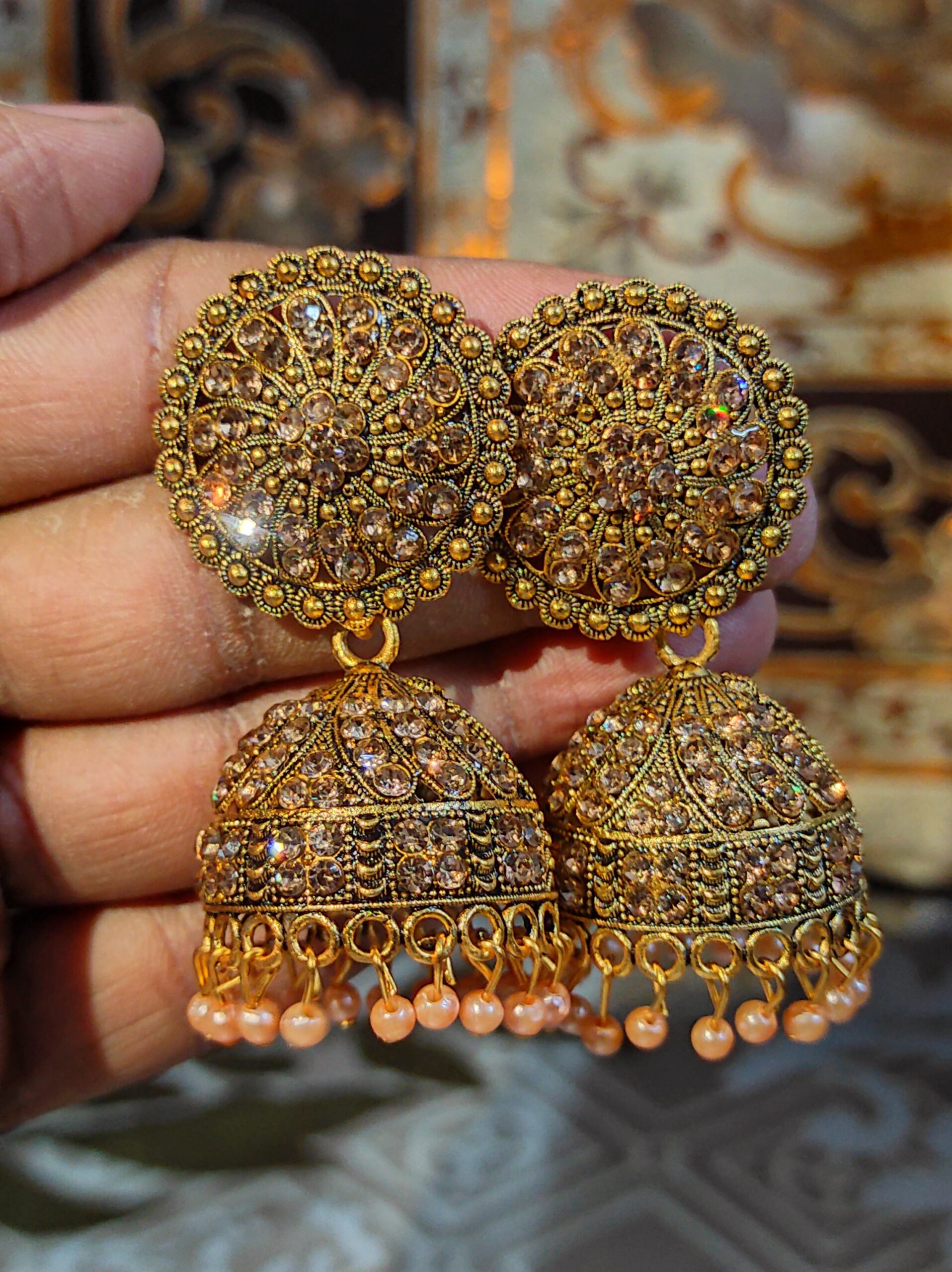 Antique Gold-Crystal-Embellished-Traditional Jhumka Earrings