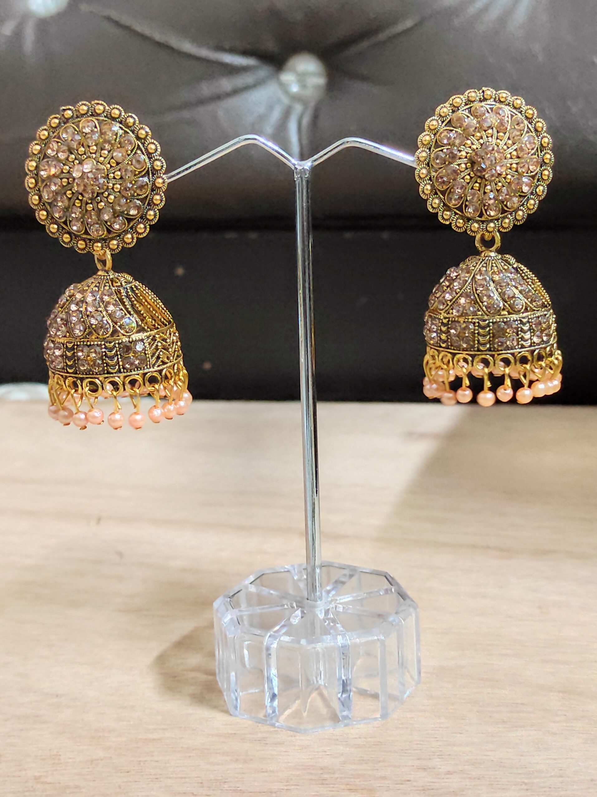 Antique Gold-Crystal-Embellished-Traditional Jhumka Earrings