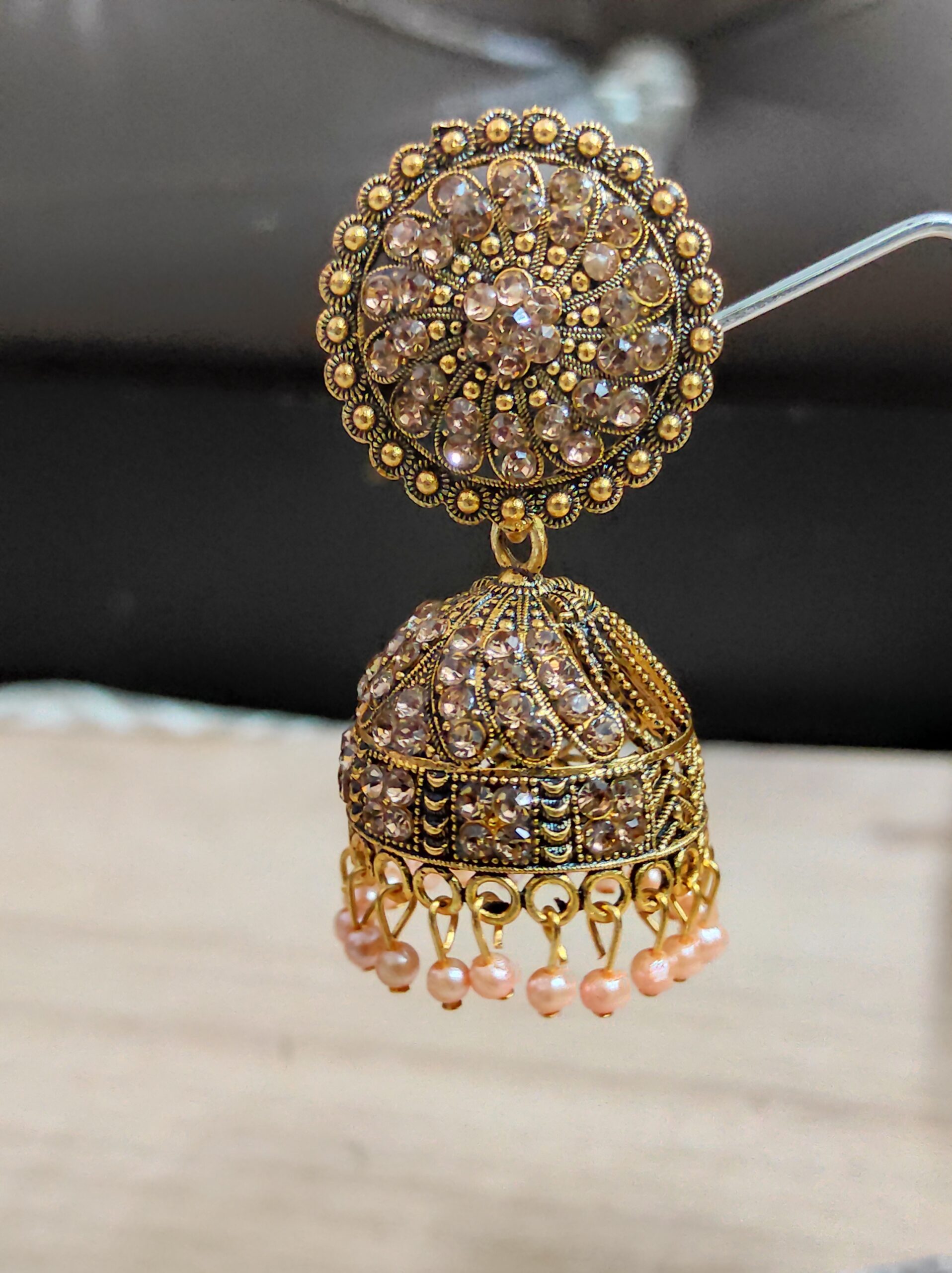 Antique Gold-Crystal-Embellished-Traditional Jhumka Earrings - Image 3